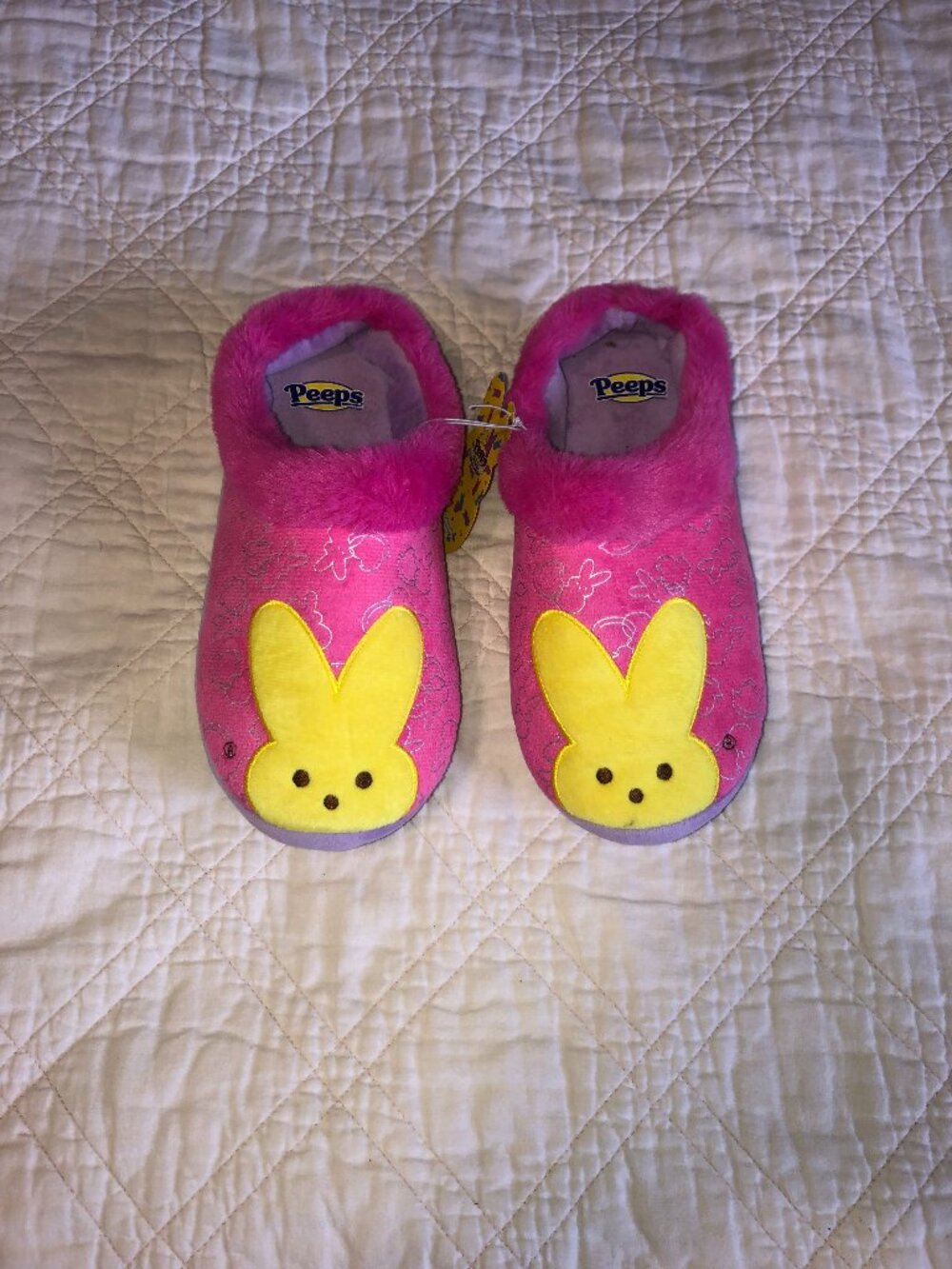 Peeps Pink Purple Faux Fur Slippers, Size 7/8